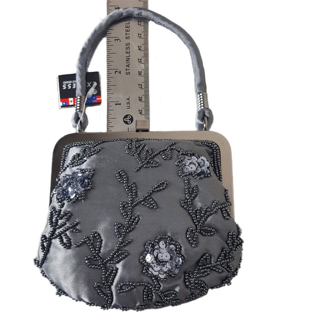 Vintage Y2K Express Beaded Satin Evening Bag NWT Gray Floral Mini Purse - Picture 9 of 9